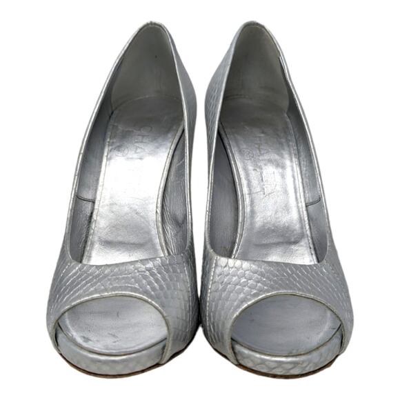 2016 Chanel silver heels pumps snakeskin open toe peep toe pearl 38.5 - Picture 3 of 11